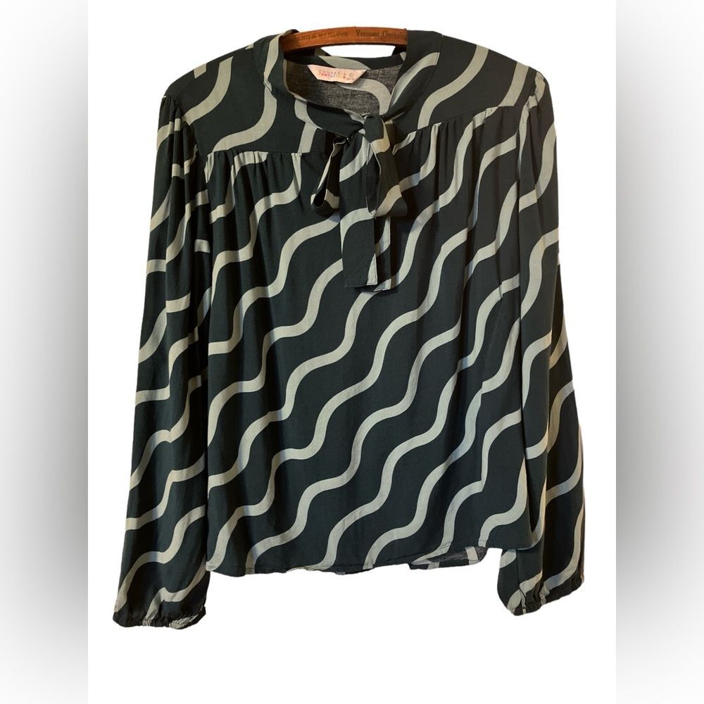Compania Fantastica Blouse Size XL Tie Green Striped Squiggles Retro